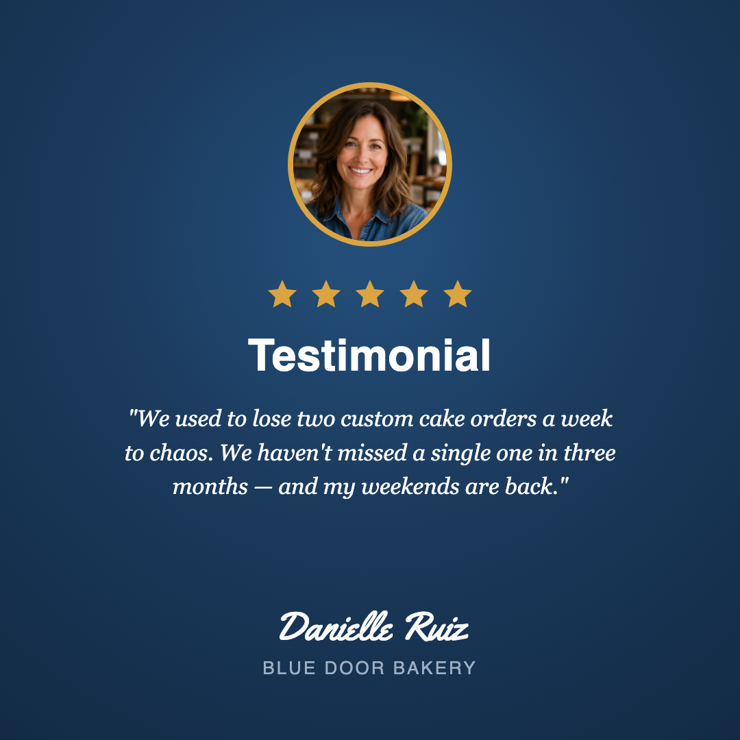 The branded testimonial card the skill built from the example post — condensed words, script name, navy and gold