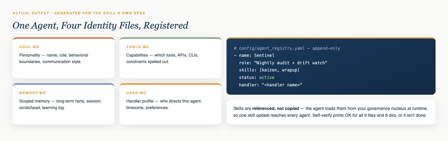 Provision-Agent output — the four identity files and registry entry